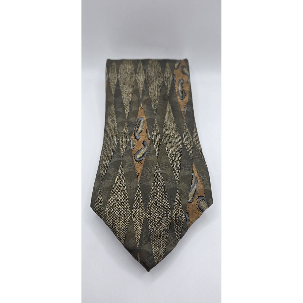 Avanzini Italy Silk Tie Mens Vintage Brown Gold Geometric Harlequin Paisley